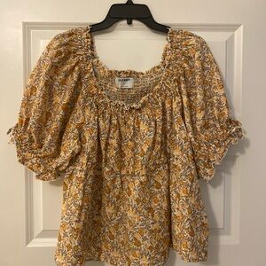 Old Navy Women's Boho Floral Peach Yellow Brown Top Puff Sleeve Sz XL